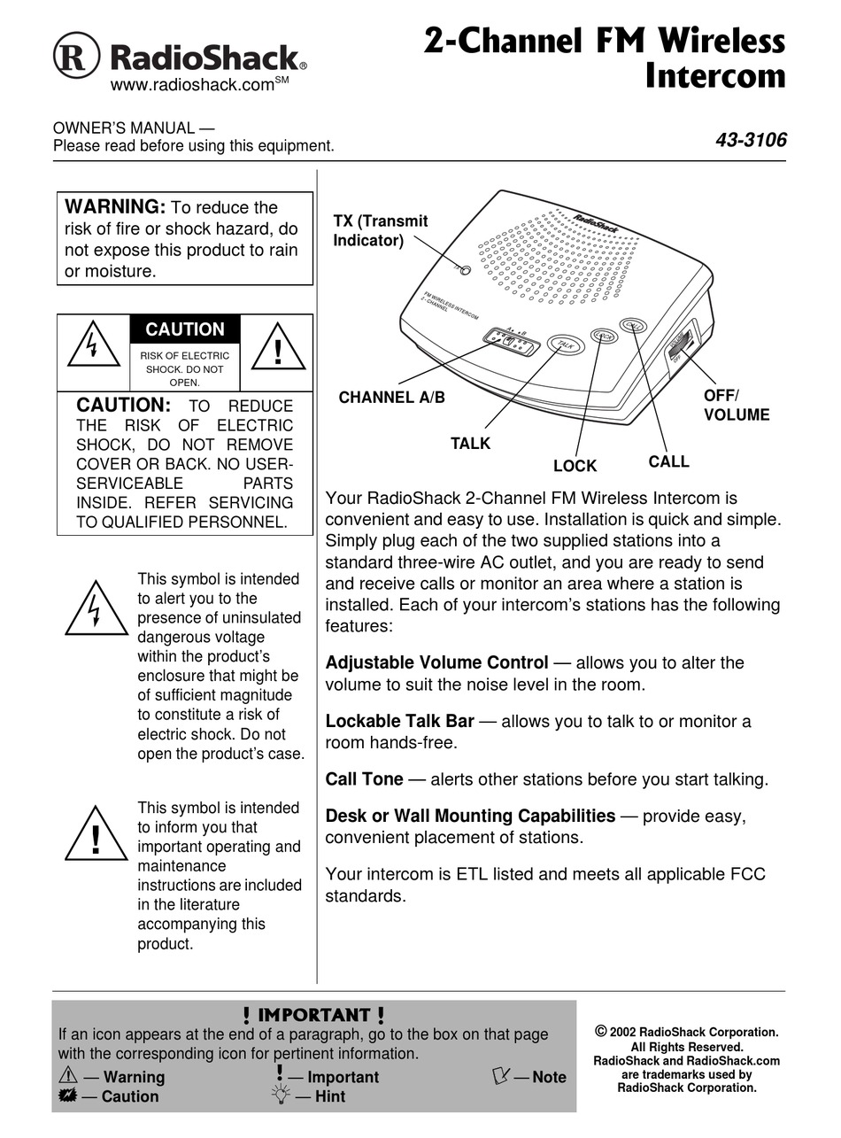 Radio shack 43-3105 intercom system user manual download