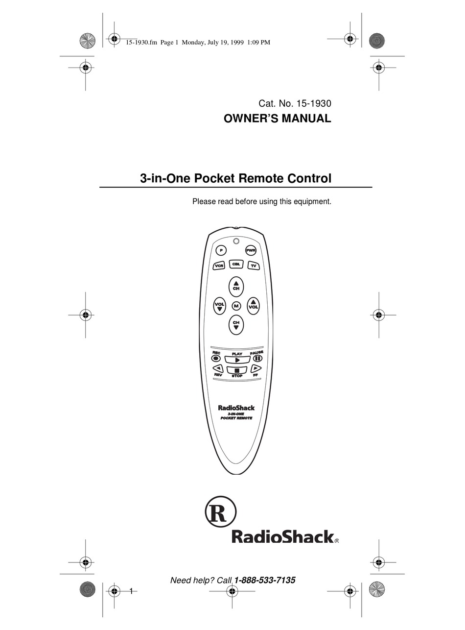 RADIO SHACK 3INONE POCKET REMOTE OWNER'S MANUAL Pdf Download ManualsLib