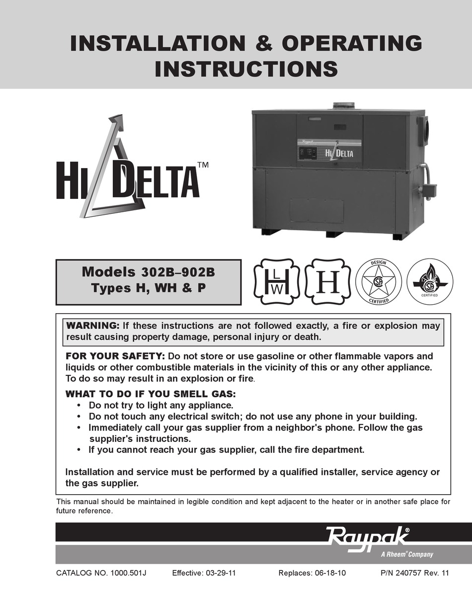 RAYPAK HI DELTA 302B INSTALLATION & OPERATING INSTRUCTIONS MANUAL Pdf