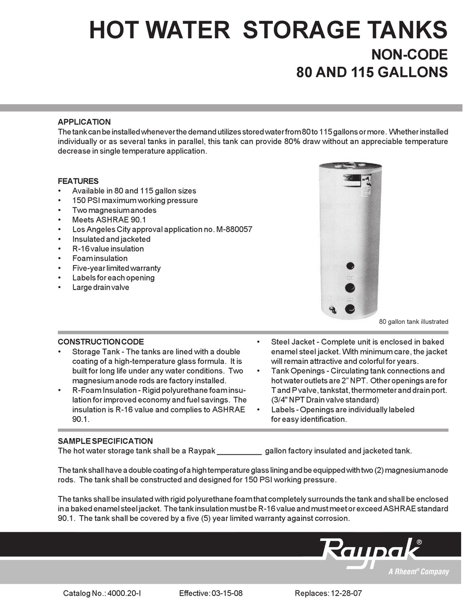 RAYPAK 80 AND 115 GALLONS SPECIFICATIONS Pdf Download ManualsLib