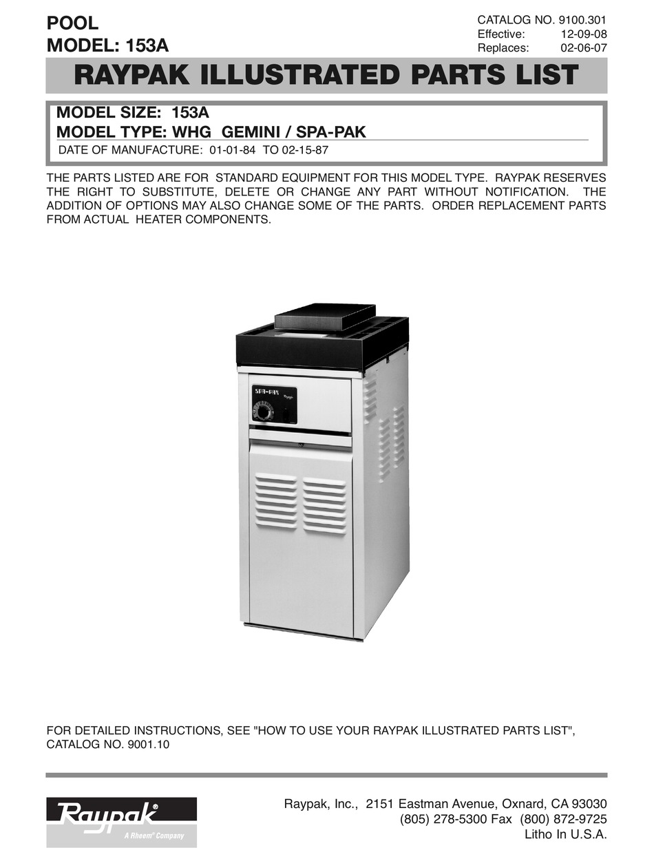 RAYPAK 153A GEMINI ILLUSTRATE PARTS LIST Pdf Download | ManualsLib