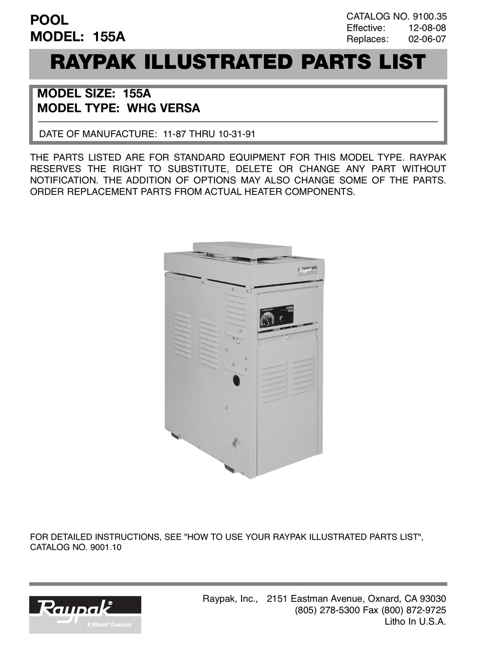 RAYPAK 155A VERSA ILLUSTRATE PARTS LIST Pdf Download | ManualsLib