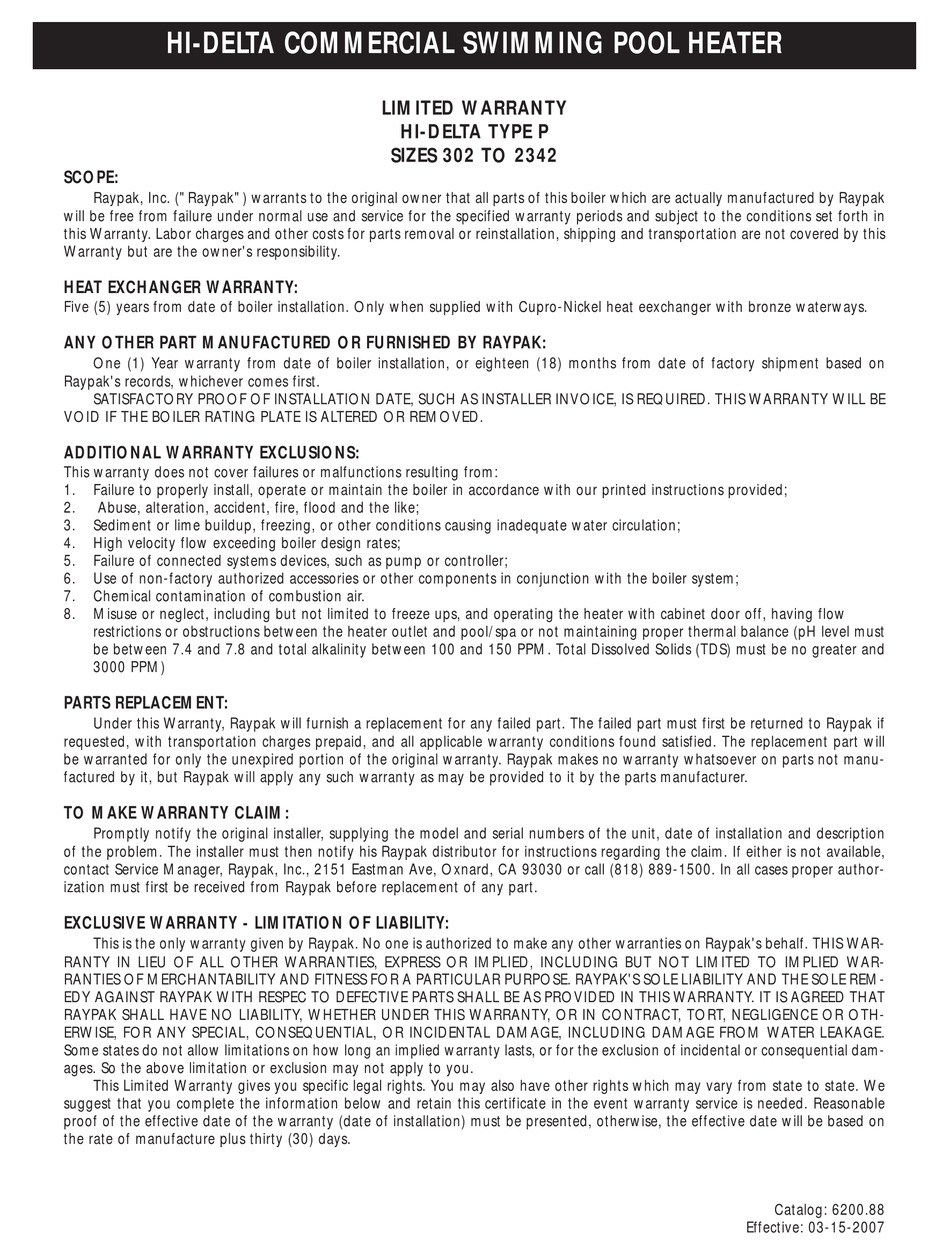 RAYPAK HIDELTA COMMERCIAL SWIMMING POOL HEATER LIMITED WARRANTY Pdf