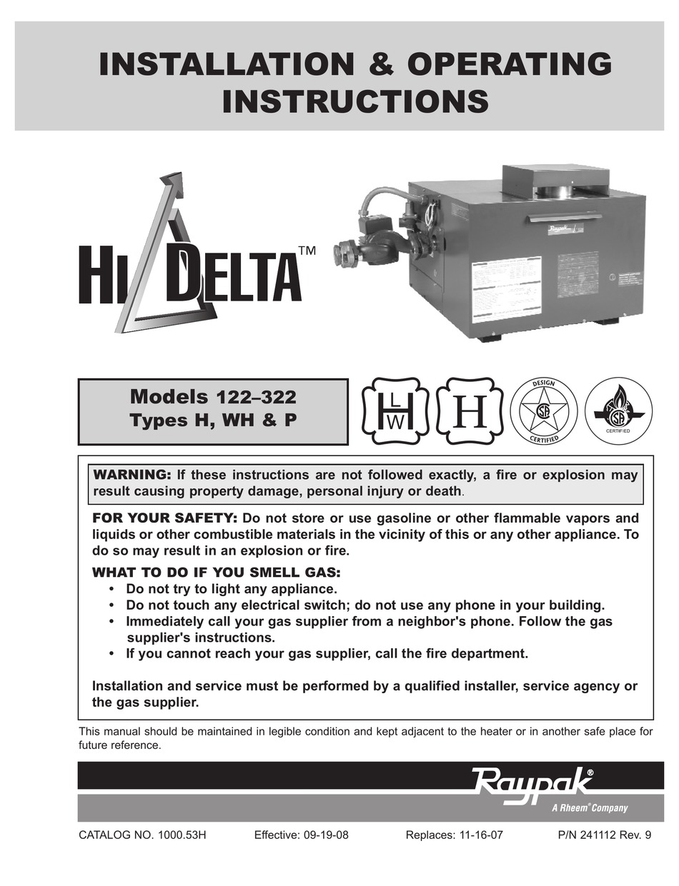 RAYPAK HI DELTA 122-322 INSTALLATION & OPERATING INSTRUCTIONS MANUAL