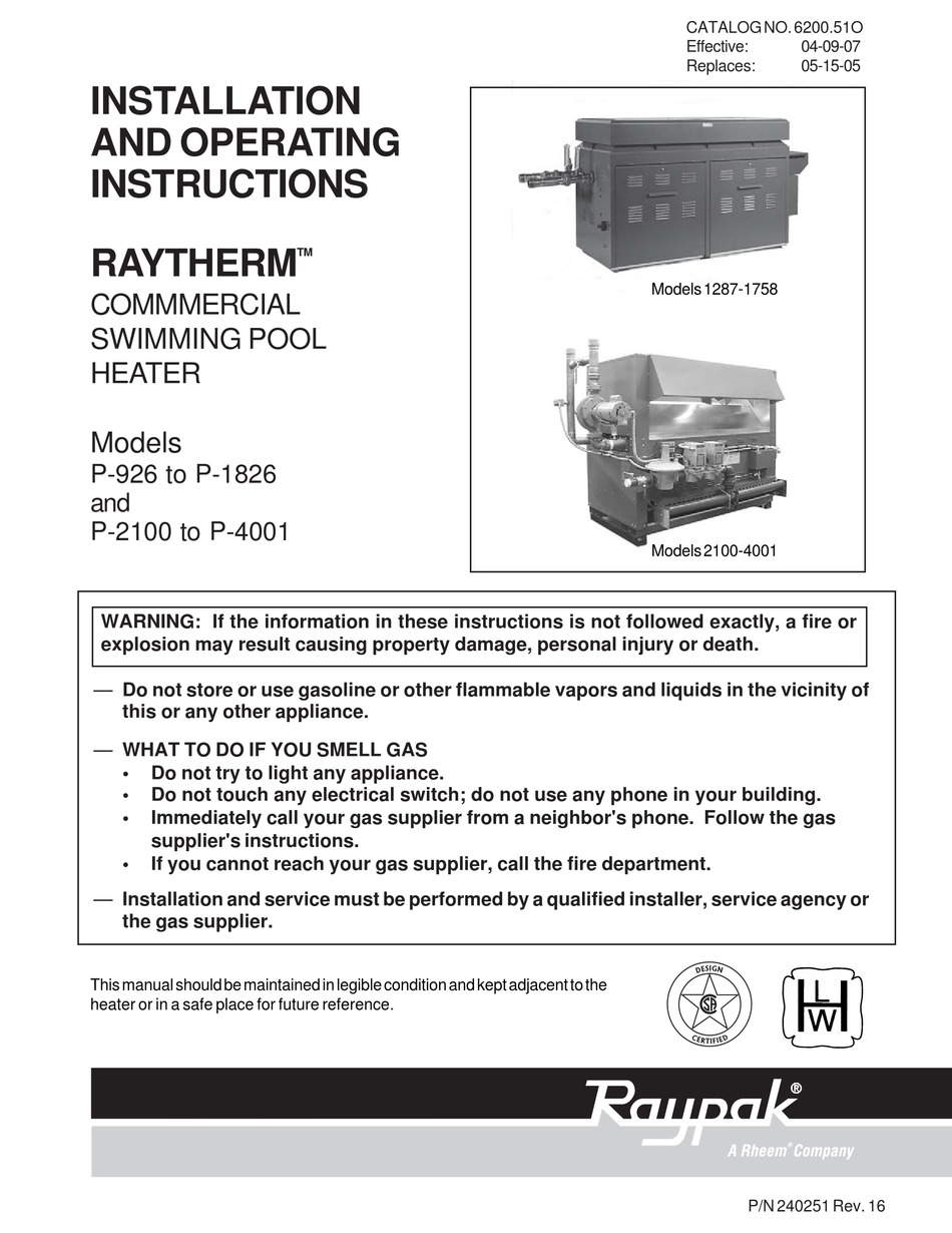 Raypak P 926 P 1826 P 2100 P 4001 Installation And Operating Instructions Manual Pdf Download Manualslib