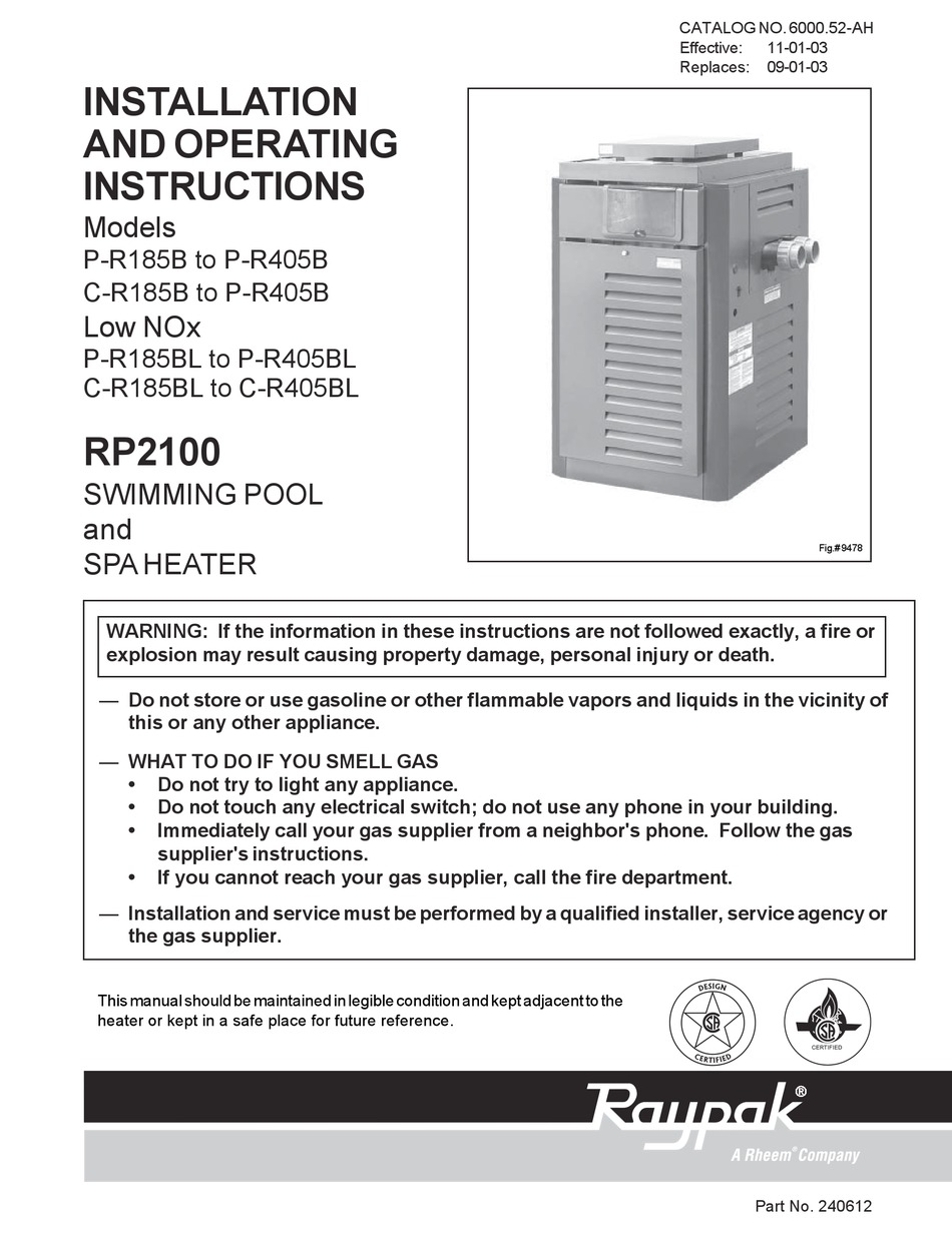 RAYPAK P-R185B TO P-R405B, C-R185B TO P-R405B, P-R185BL TO P-R405BL, C