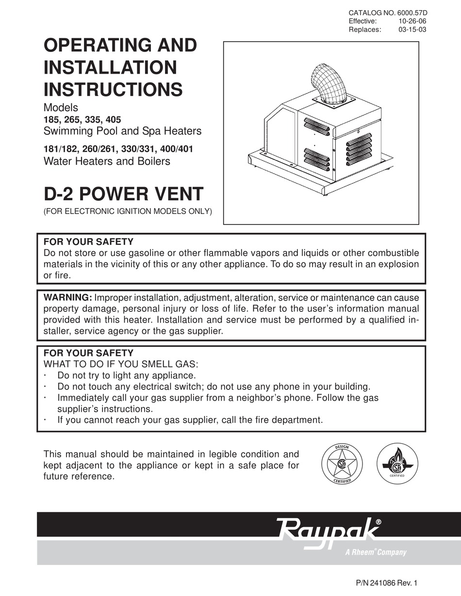 Raypak 185 Operating And Installation Instructions Pdf Download Manualslib