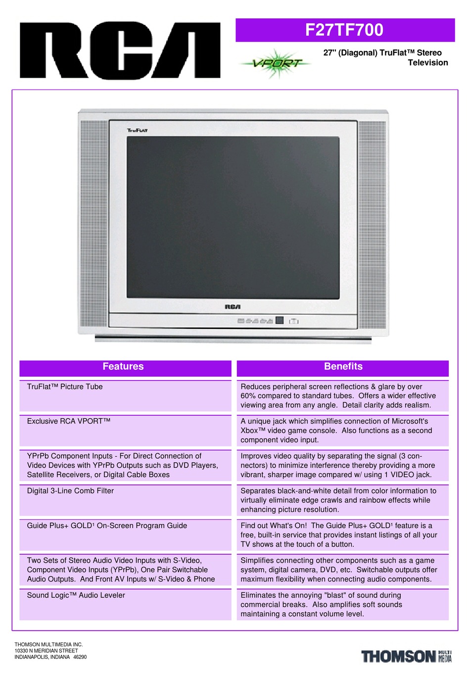 RCA TRUFLAT F27TF700 BROCHURE & SPECS Pdf Download ManualsLib
