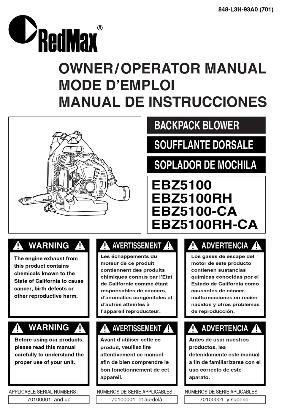 Spanish French English Manual: RedMax EBZ5150 Owner Operator Manual 