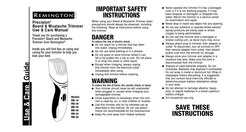 REMINGTON PRECISION BEARD & MUSTACHE TRIMMER USE & CARE MANUAL Pdf