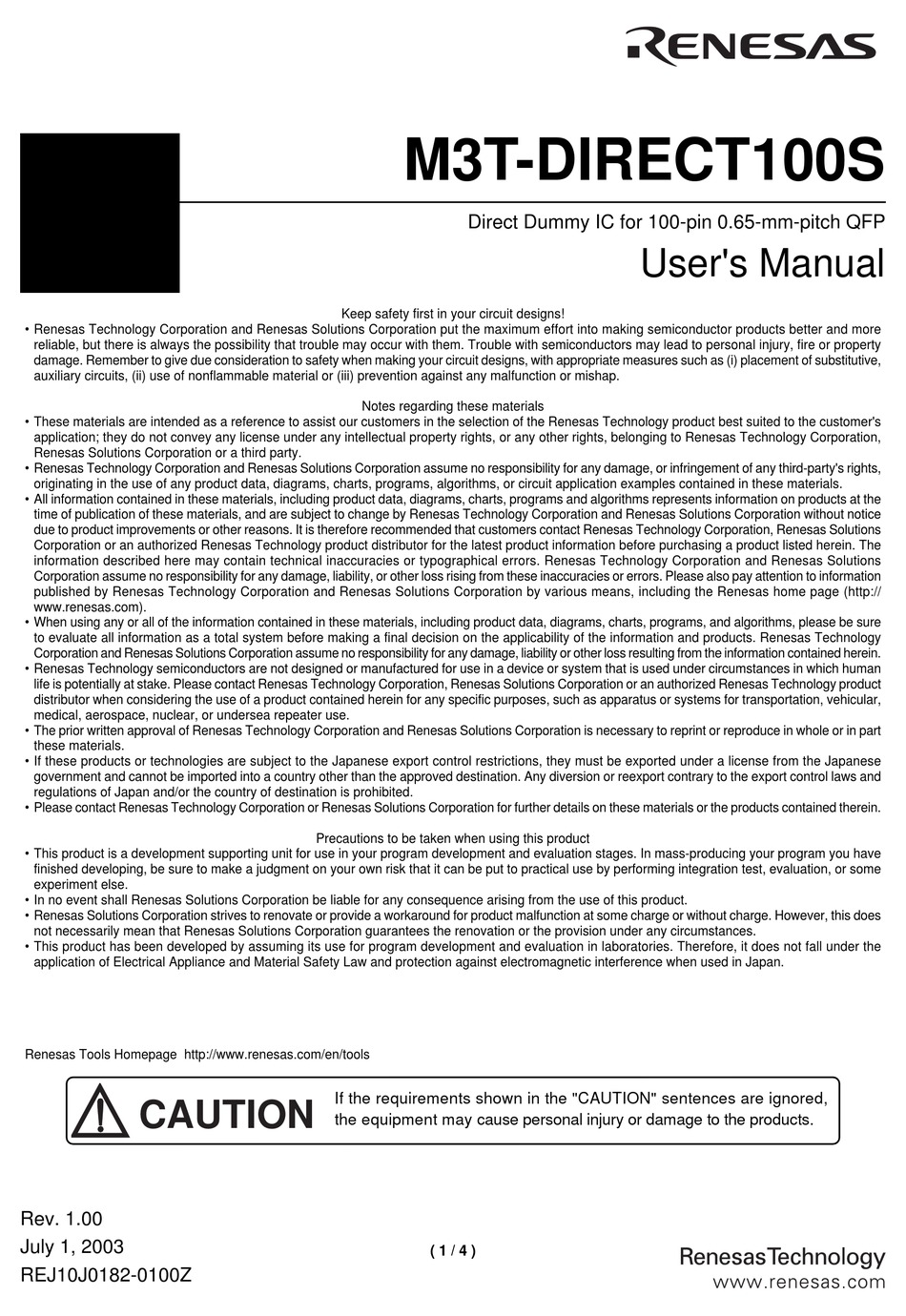 RENESAS DIRECT DUMMY IC M3TDIRECT100S USER MANUAL Pdf Download