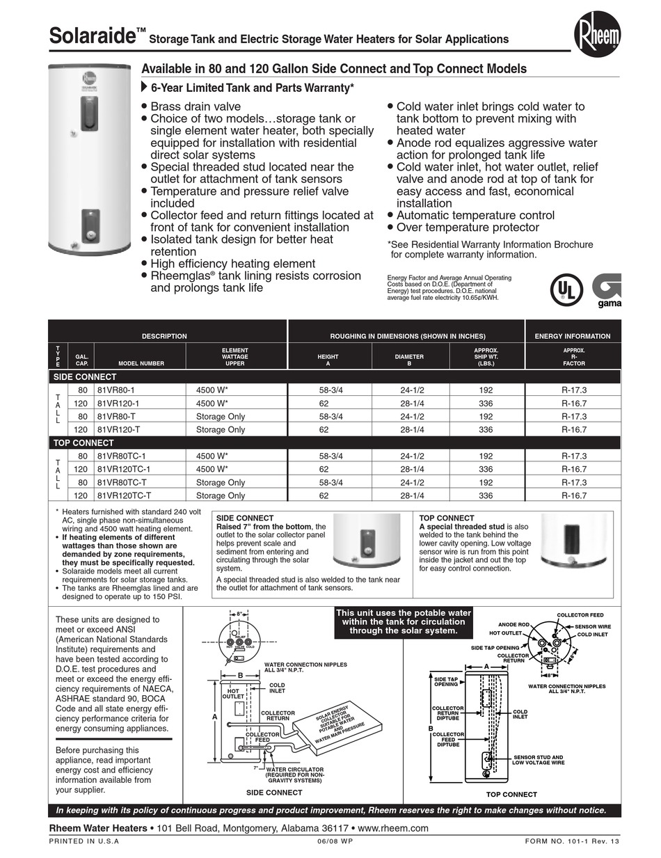 RHEEM 81VR120-1 SPECIFICATION SHEET Pdf Download | ManualsLib