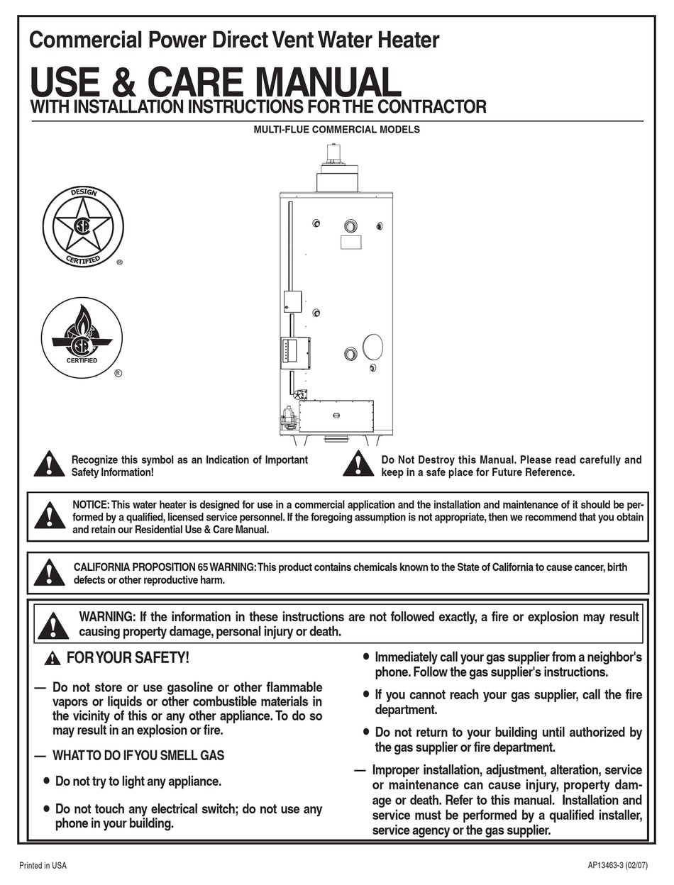 RHEEM COMMERCIAL POWER DIRECT VENT WATER HEATER USE AND CARE MANUAL Pdf