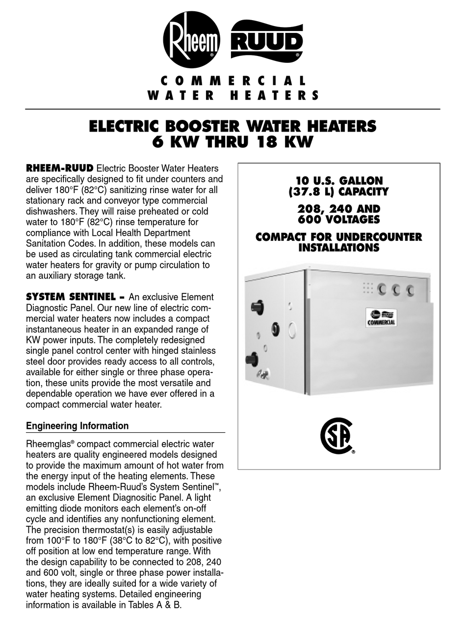 RHEEM RUUD COMMERCIAL BOOSTER SPECIFICATIONS Pdf Download ManualsLib