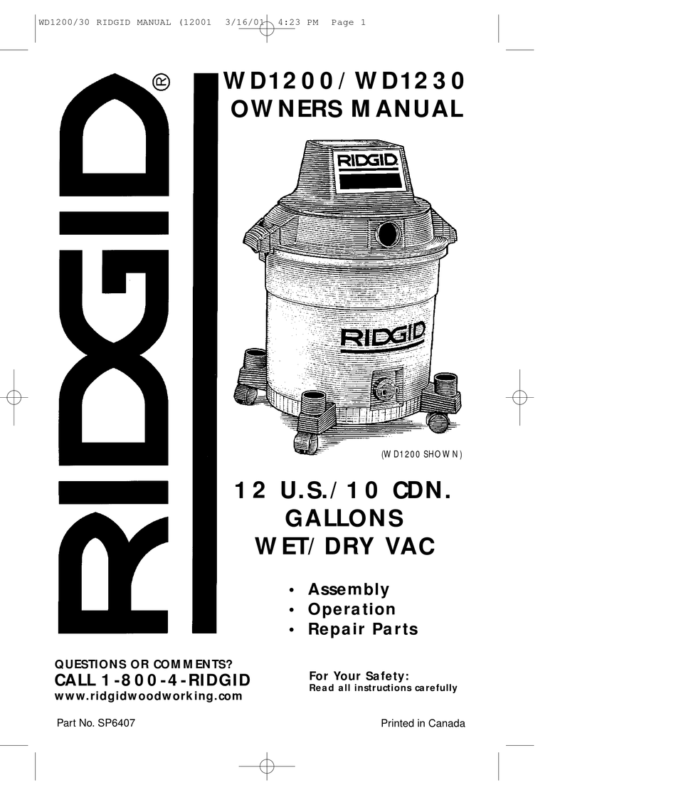 RIDGID WD1200 OWNER'S MANUAL Pdf Download | ManualsLib