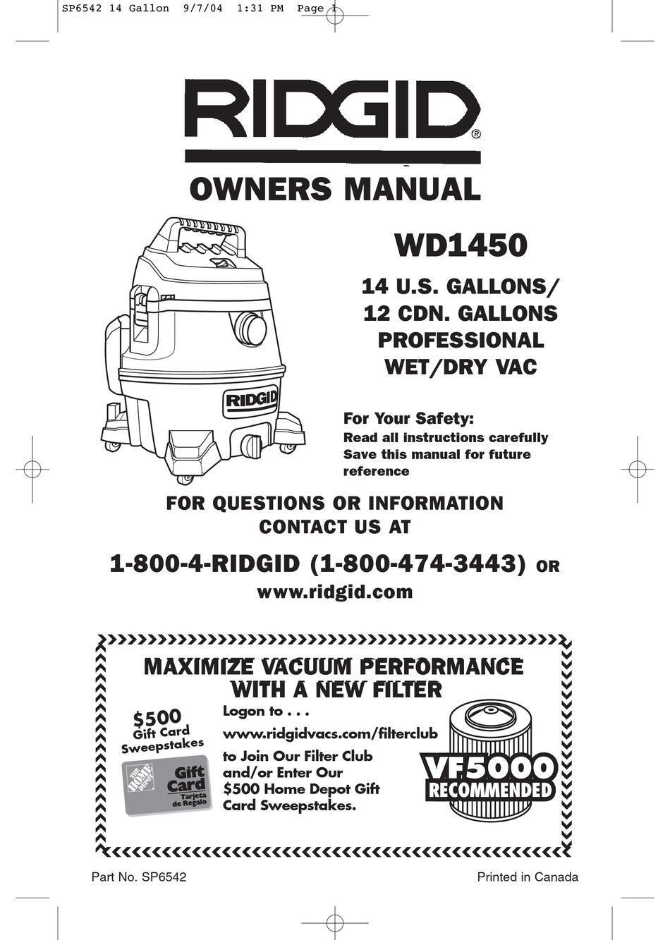 RIDGID WD1450 OWNER'S MANUAL Pdf Download | ManualsLib