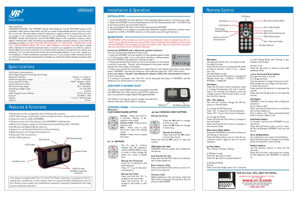 VIRTUAL REALITY HANDS FREE BLUETOOTH CAR KIT MP3/WMA PLAYER & FM