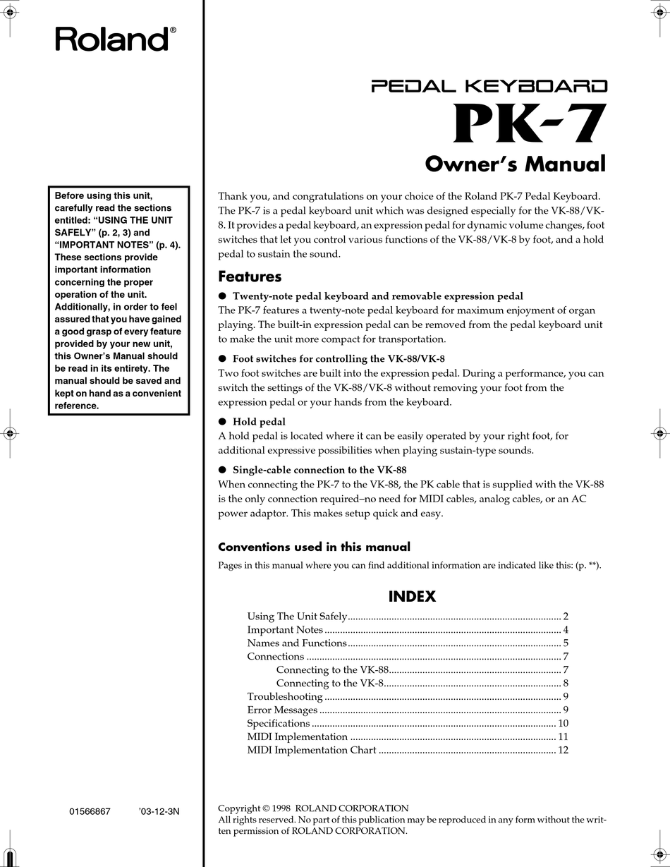 ROLAND PK-7 OWNER'S MANUAL Pdf Download | ManualsLib