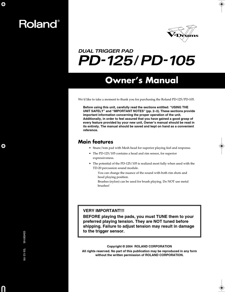 ROLAND PD-125/PD-105 OWNER'S MANUAL Pdf Download | ManualsLib