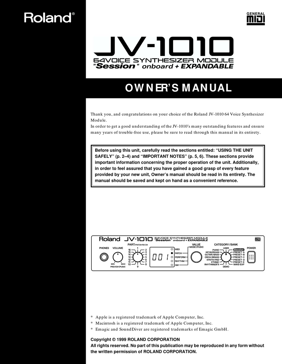 Roland Jv 1010 Owner S Manual Pdf Download Manualslib