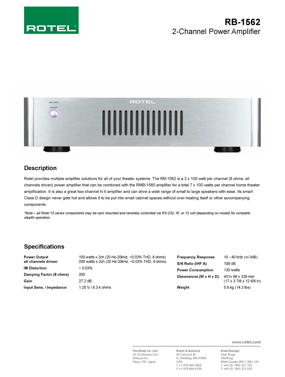 Rotel 2 Channel Power Amplifier Rb 1562 Specification Sheet Pdf Download Manualslib