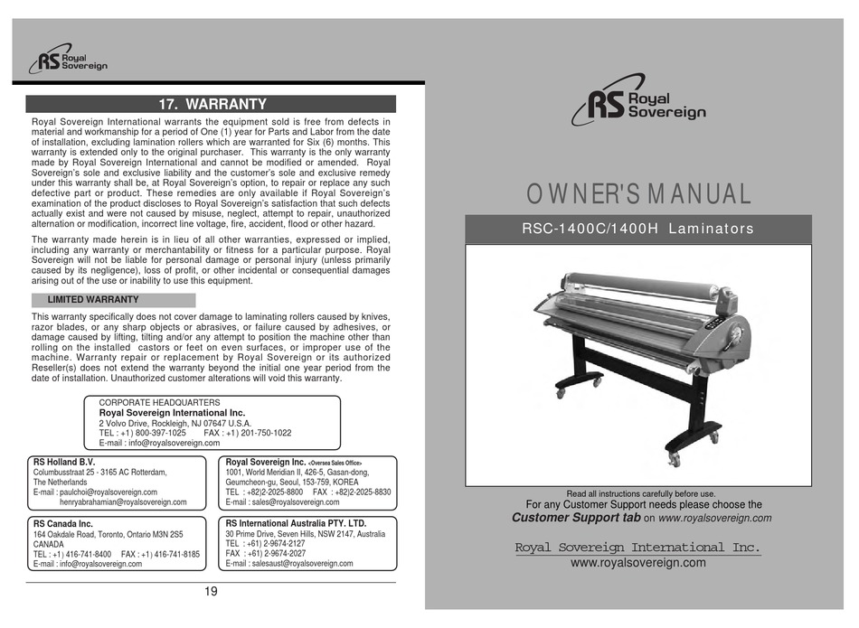 ROYAL SOVEREIGN RSC-1400C OWNER'S MANUAL Pdf Download | ManualsLib