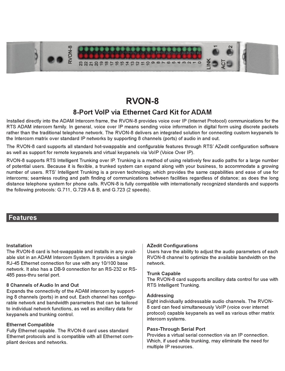 RTS Back Card Telex RVON-8 ADAM RVON-8 VOIP Interface Module w 9030-7756-000 