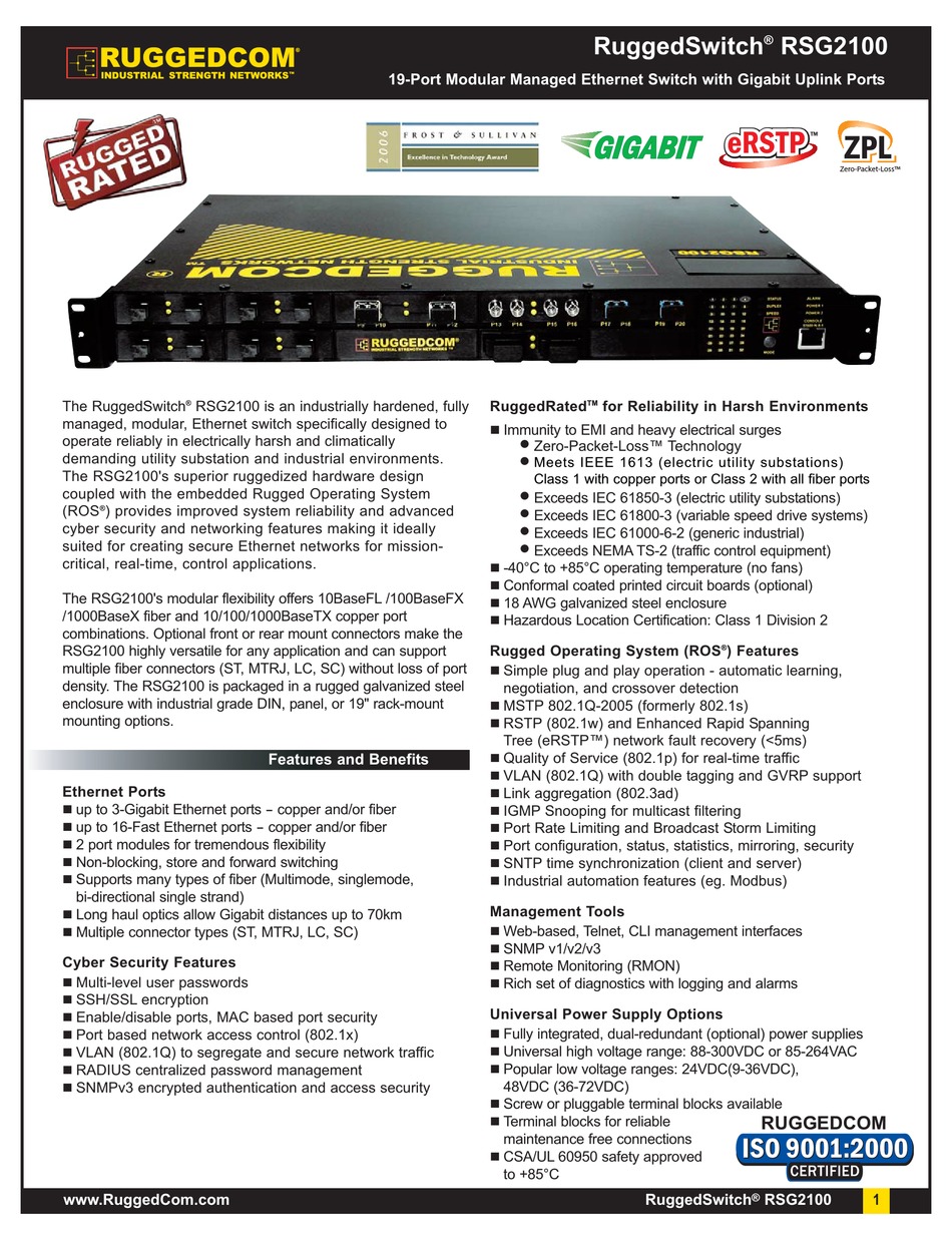 Ruggedcom Ruggedswitch Rsg2100 Specification Sheet Pdf Download Manualslib