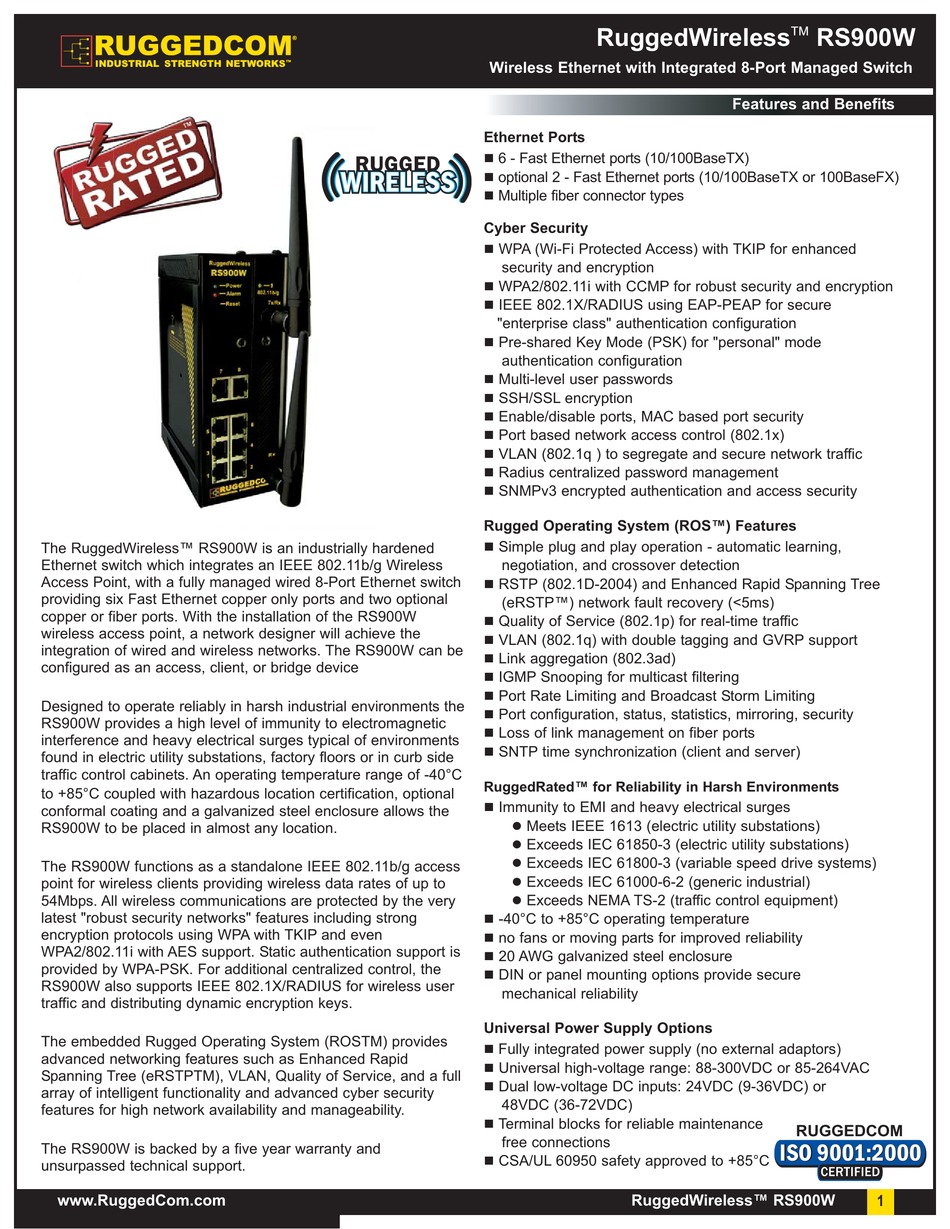 Ruggedcom Ruggedwireless Rs900w Specification Sheet Pdf Download Manualslib