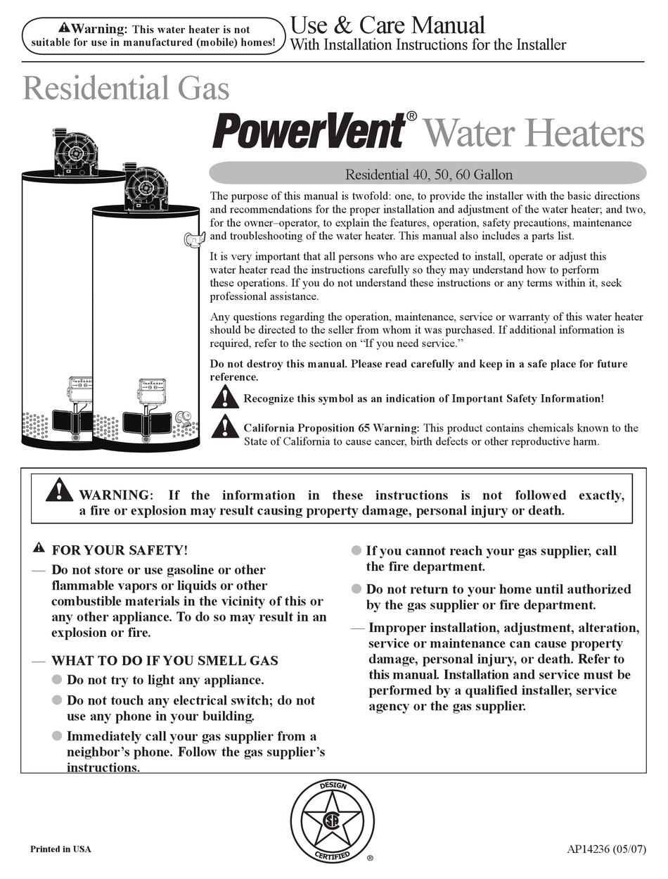 RUUD POWERVENT AP14236 USE AND CARE MANUAL Pdf Download | ManualsLib