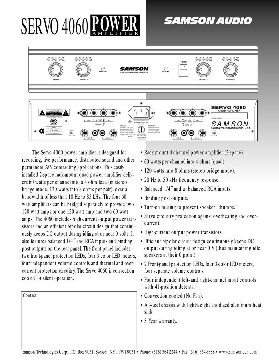 SAMSON POWER AMPLIFIER SERVO 4060 SPECIFICATION SHEET Pdf Download