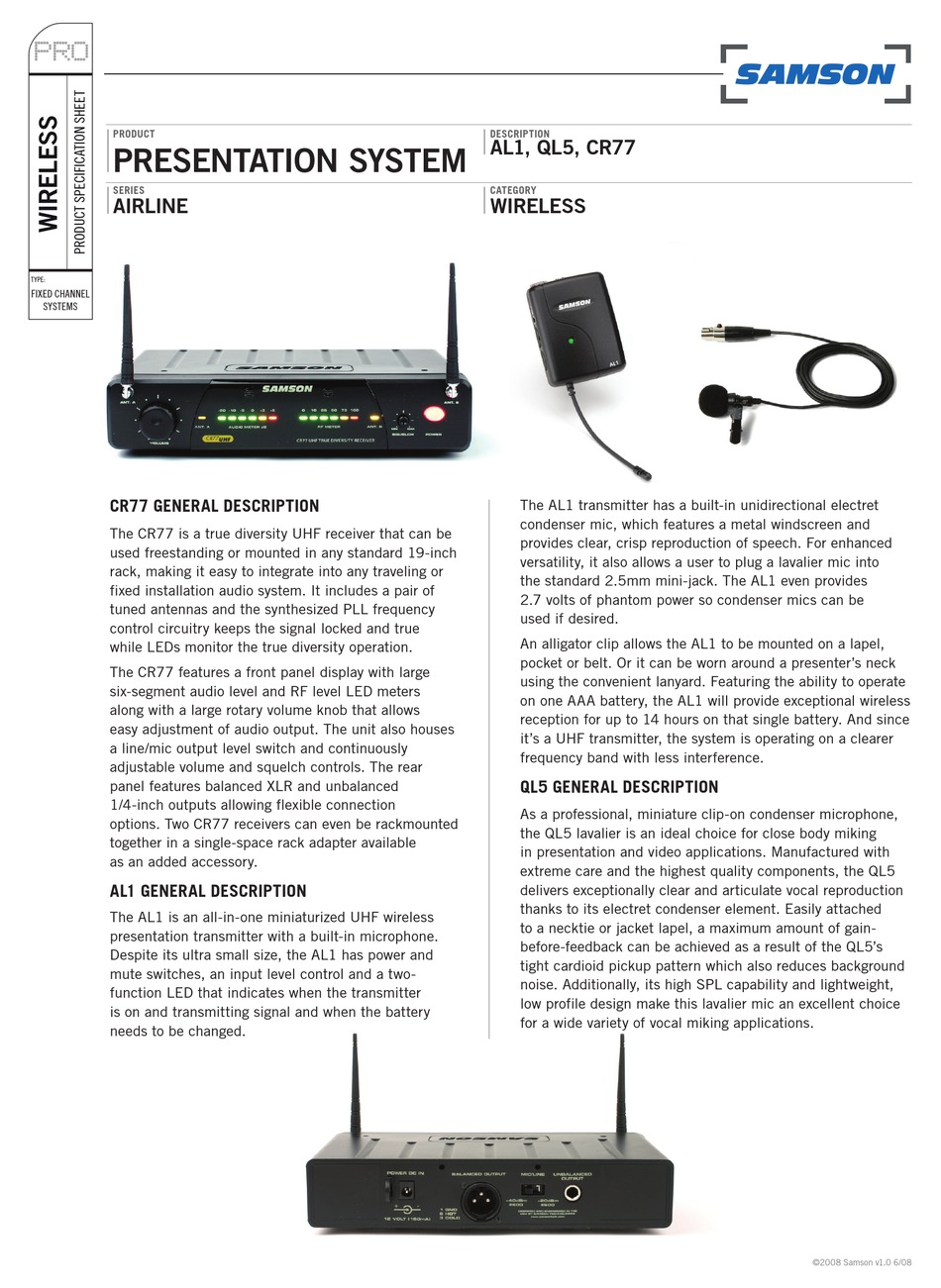 SAMSON AL1 SPECIFICATION SHEET Pdf Download ManualsLib