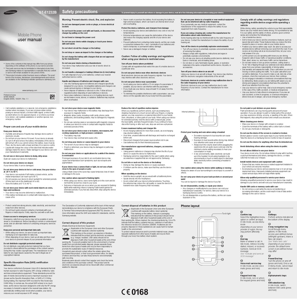 SAMSUNG GT-E1232B USER MANUAL Pdf Download | ManualsLib