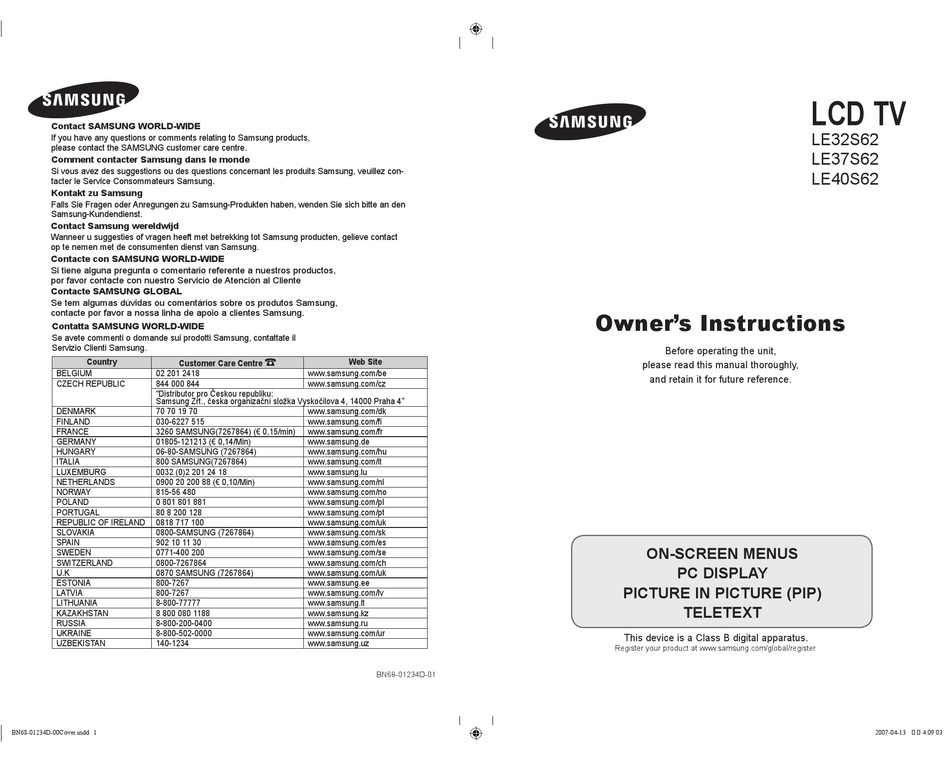 SAMSUNG LE32S62 OWNER'S INSTRUCTIONS MANUAL Pdf Download | ManualsLib