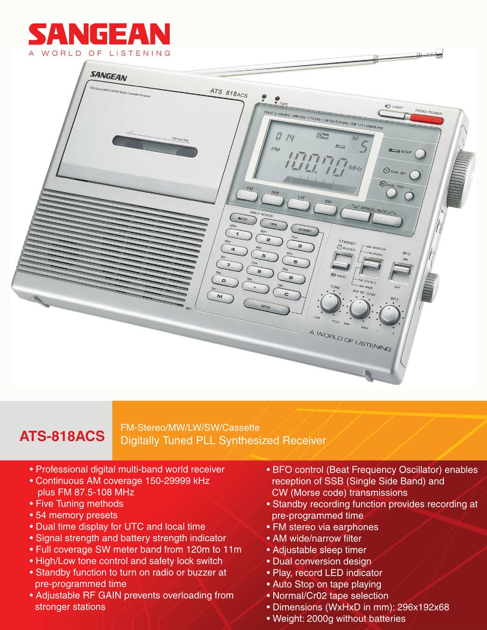 SANGEAN ATS818ACS ATS818ACS ATS818ACS SPECIFICATION SHEET Pdf