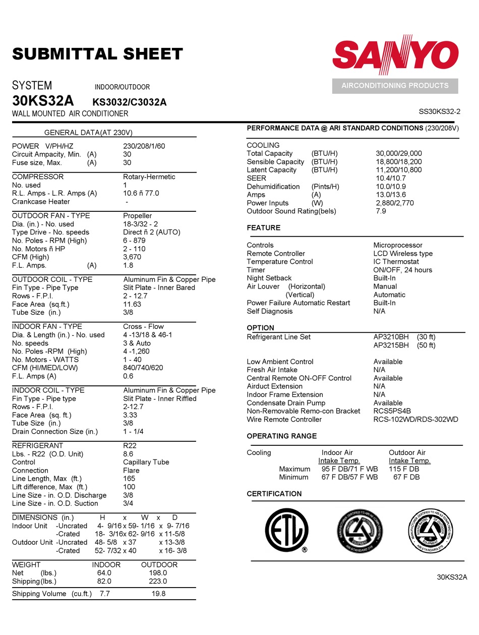 Sanyo 30ks32a Specifications Pdf Download Manualslib