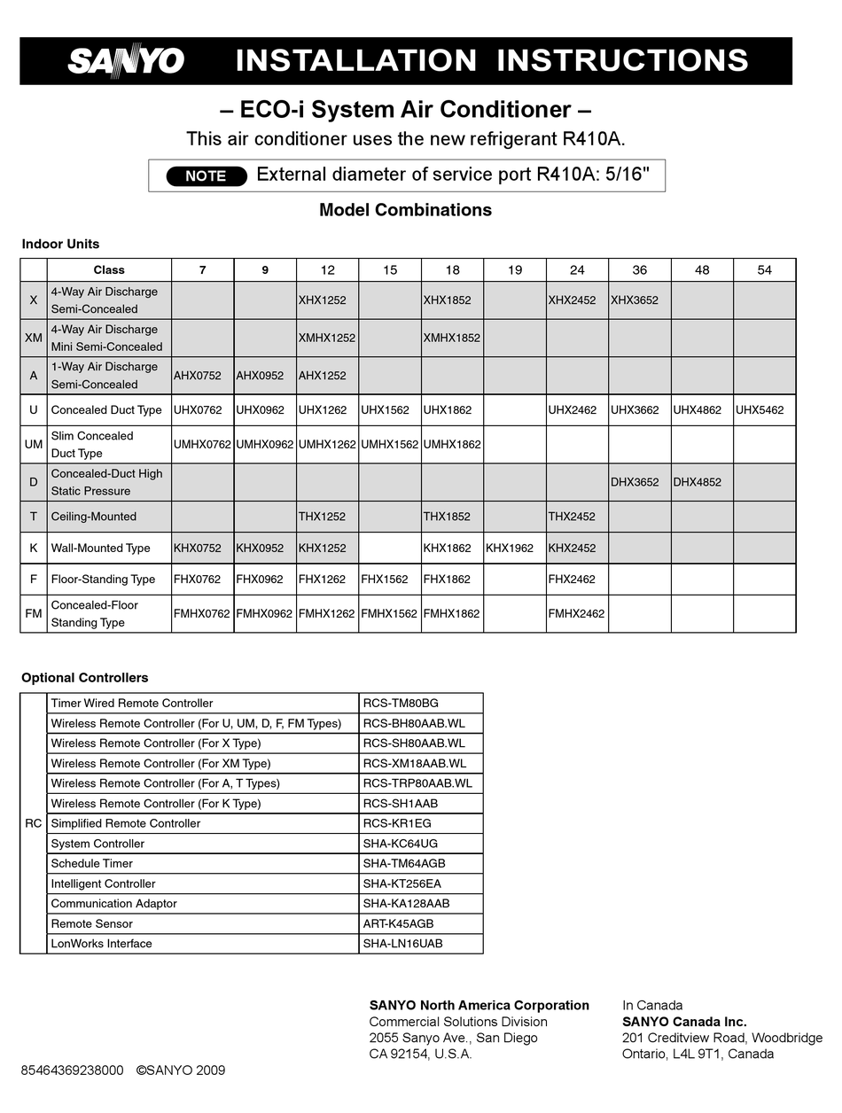 SANYO ECO R410A INSTALLATION INSTRUCTIONS MANUAL Pdf Download | ManualsLib
