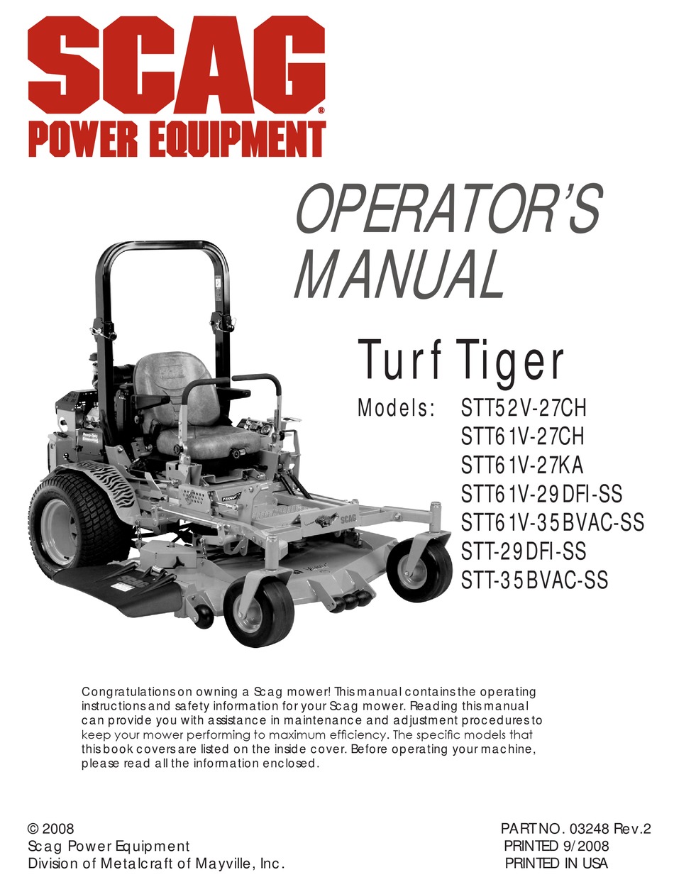 SCAG POWER EQUIPMENT TURF TIGER STT-29DFI-SS OPERATOR'S MANUAL Pdf