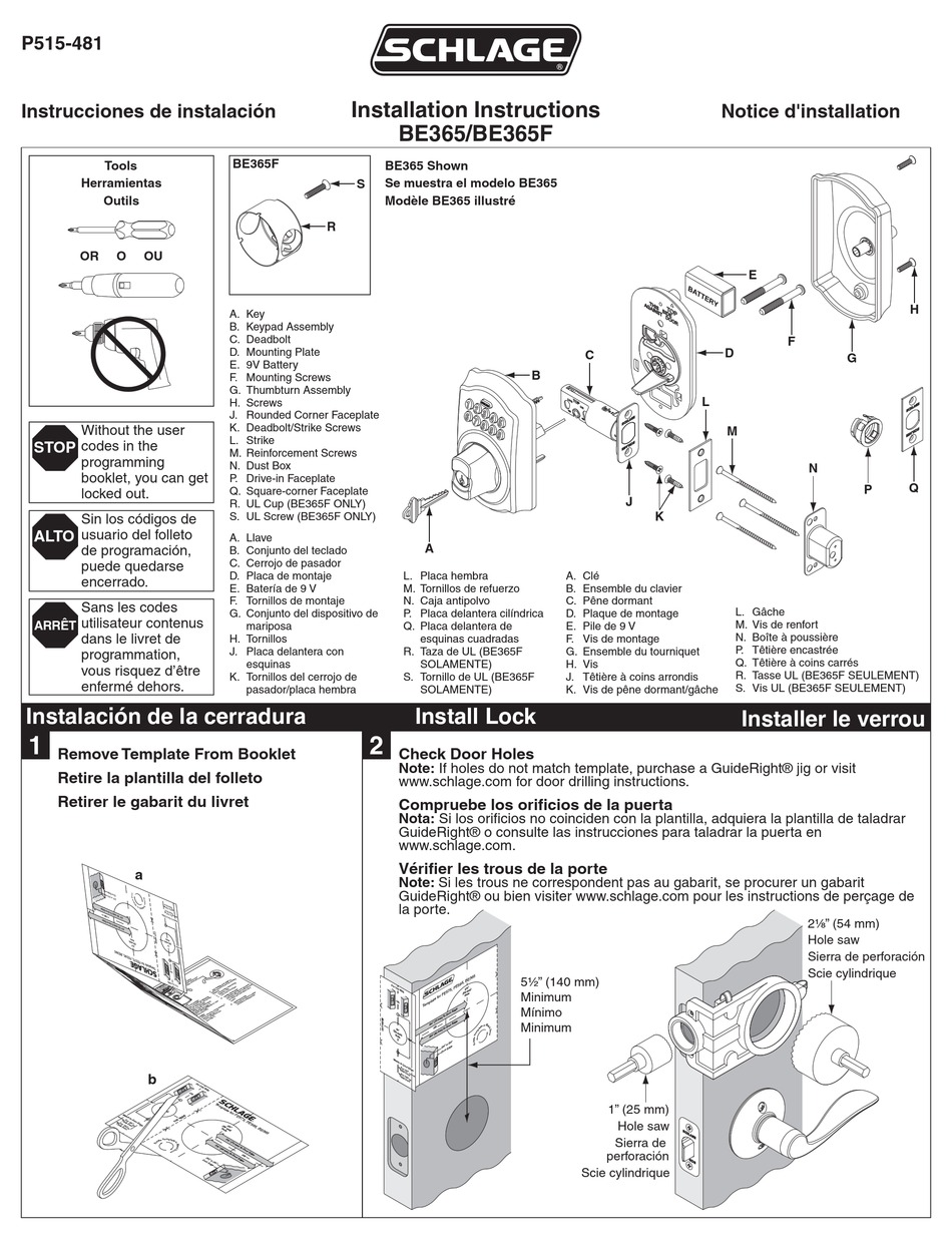 SCHLAGE BE365F INSTALLATION INSTRUCTIONS Pdf Download | ManualsLib