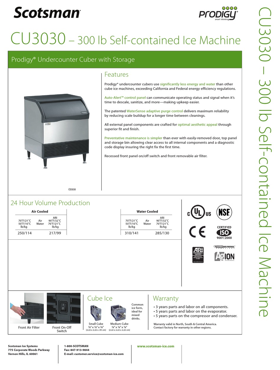 Scotsman CU3030SA-1 Prodigy Series 30 Air Cooled Undercounter Small Cube  Ice Machine - 217 lb.