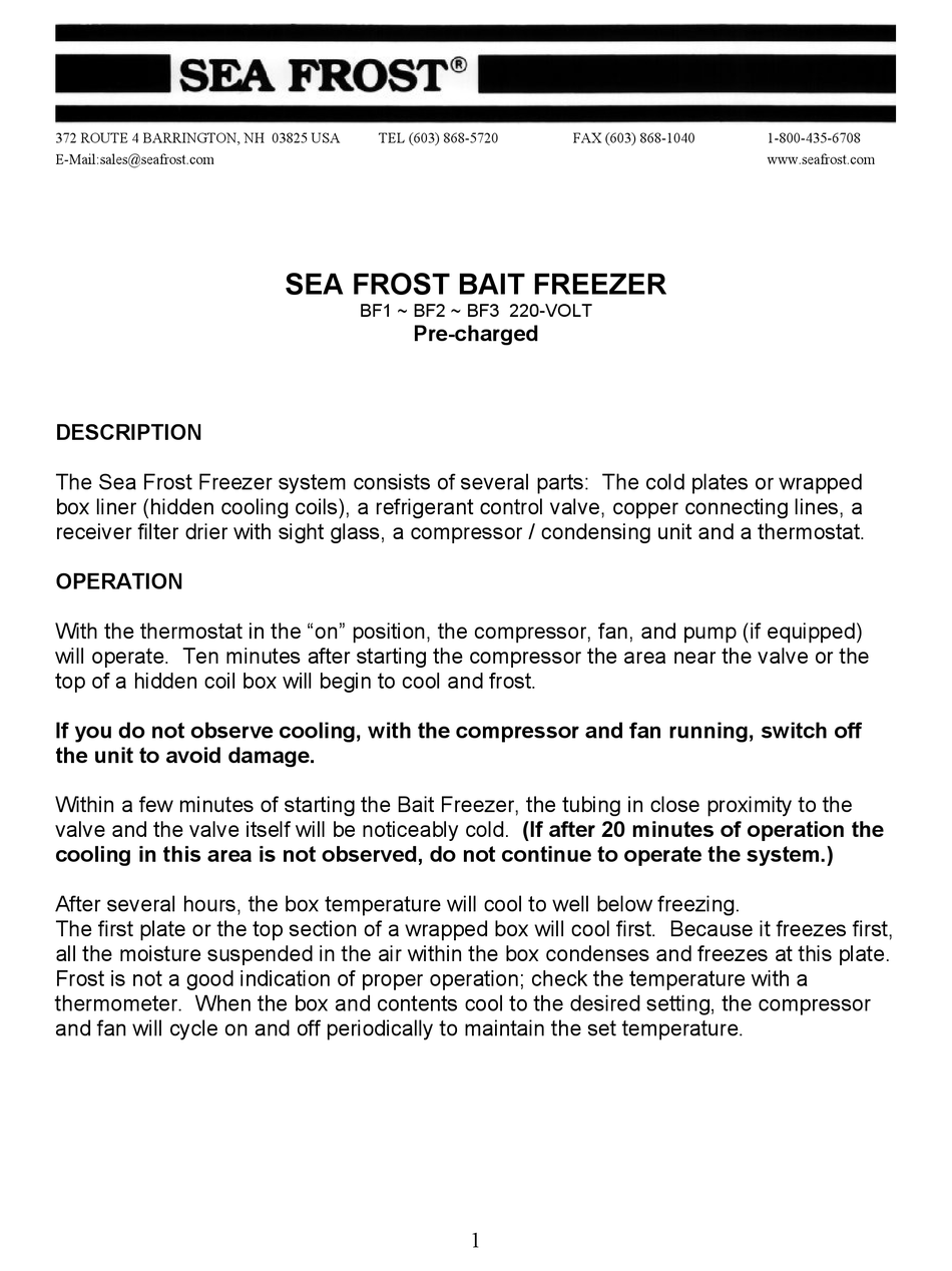 SEA FROST BAIT FREEZER OWNER'S MANUAL Pdf Download ManualsLib