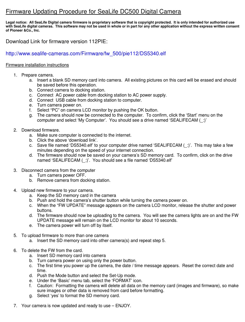 SEALIFE DC500 FIRMWARE UPDATE PROCEDURE Pdf Download | ManualsLib