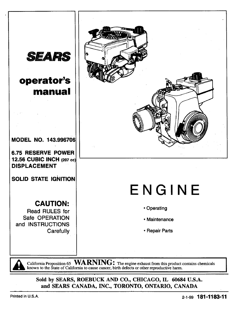 SEARS 143.996706 OPERATOR'S MANUAL Pdf Download ManualsLib
