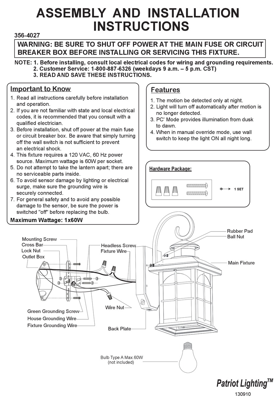 PATRIOT LIGHTING 130910 ASSEMBLY AND INSTALLATION INSTRUCTIONS Pdf Download  | ManualsLib  Patriot Lighting Wiring Diagram With Dimmer    ManualsLib