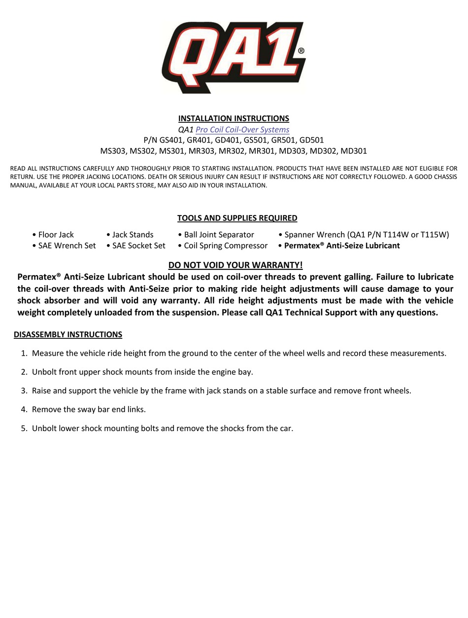 QA1 GS501 INSTALLATION INSTRUCTIONS Pdf Download ManualsLib