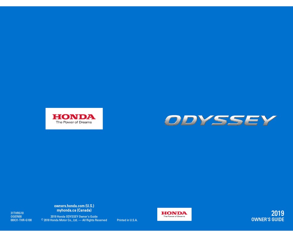 HONDA ODYSSEY 2019 OWNER'S MANUAL Pdf Download | ManualsLib