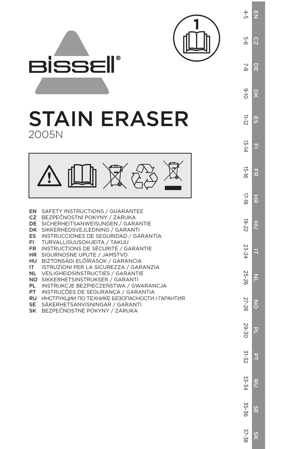 BISSELL STAIN ERASER 2005N SAFETY INSTRUCTIONS/GUARANTEE Pdf Download