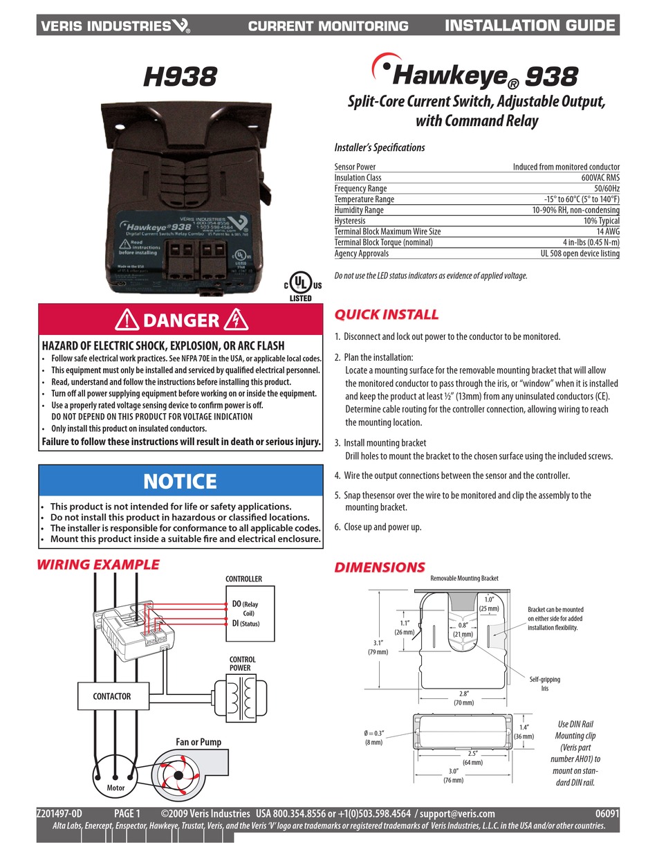 VERIS INDUSTRIES, INC. HAWKEYE 938 INSTALLATION MANUAL Pdf Download