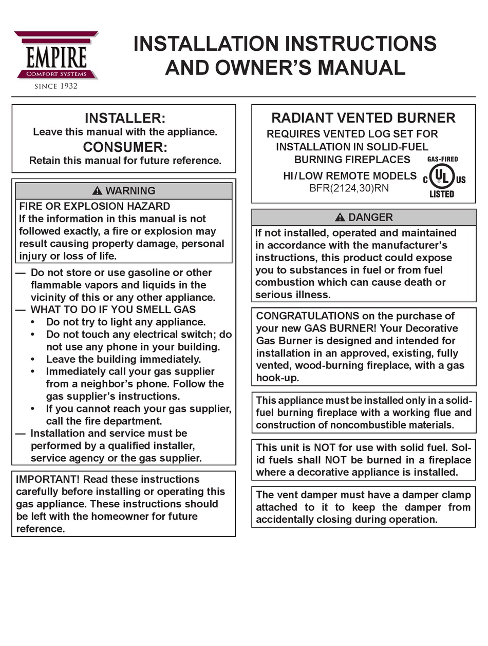 EMPIRE COMFORT SYSTEMS BFR2124RN INSTALLATION INSTRUCTIONS AND OWNER'S ...