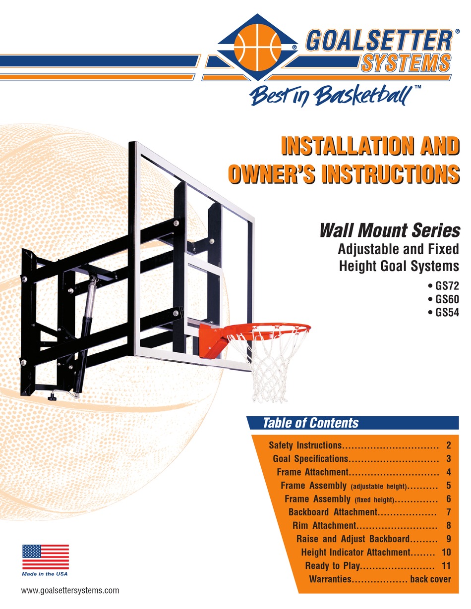GOALSETTER SYSTEMS GS60 INSTALLATION AND OWNER'S INSTRUCTIONS Pdf